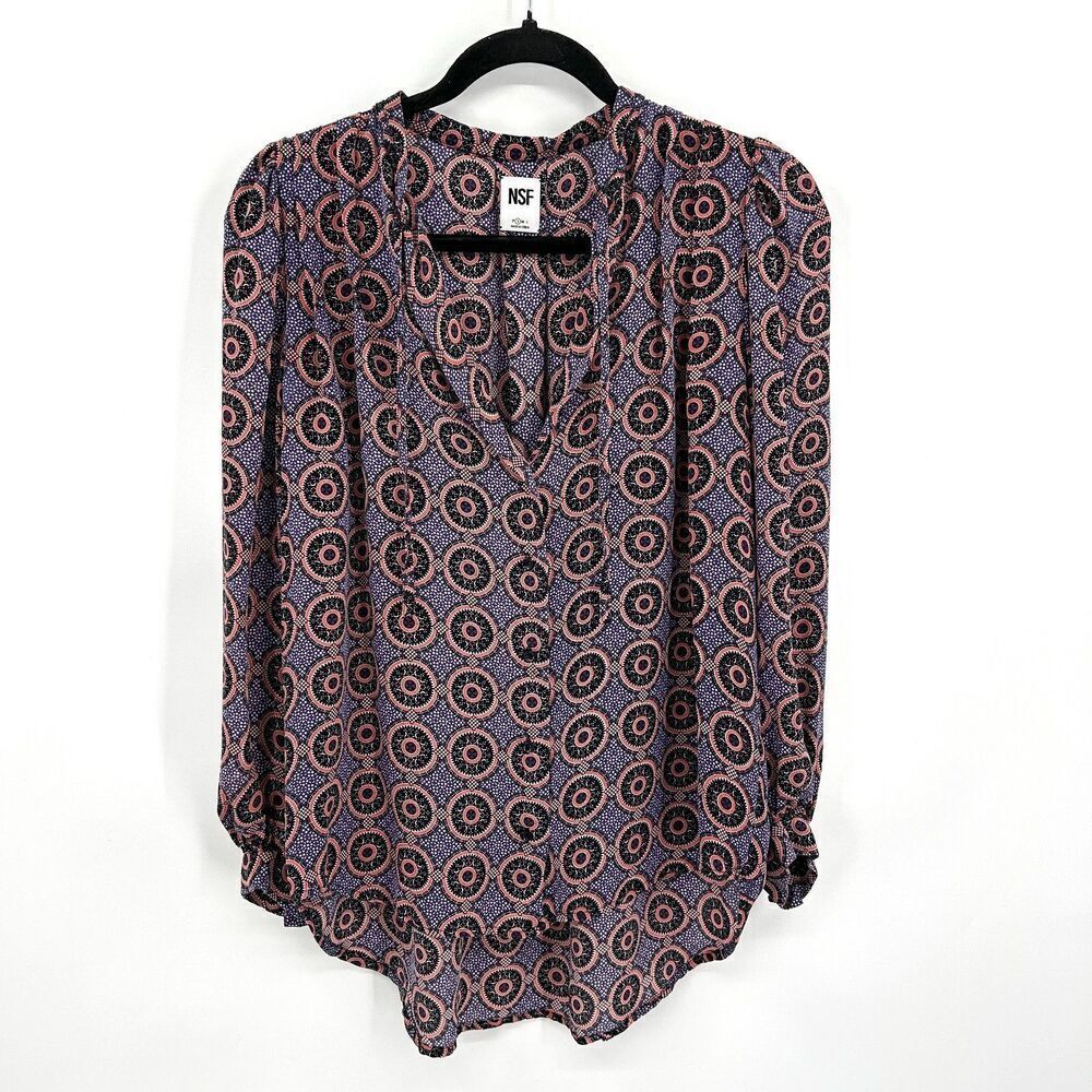 REVOLVE NSF Purple Orange Silk Pleated Sleeve Medallion Button Up Blouse Small